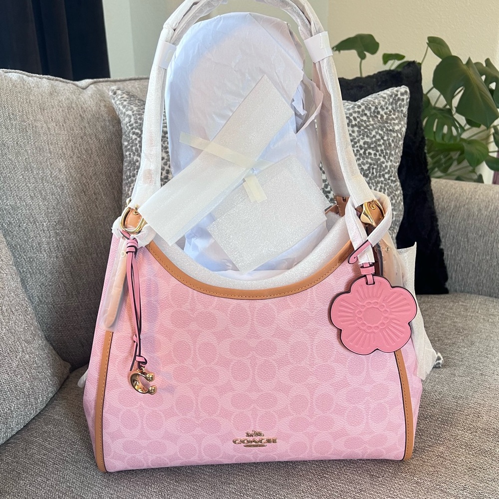 Coach Powder Pink Erin Signature Canvas Shoulder Bag with Floral Tea Rose Charm